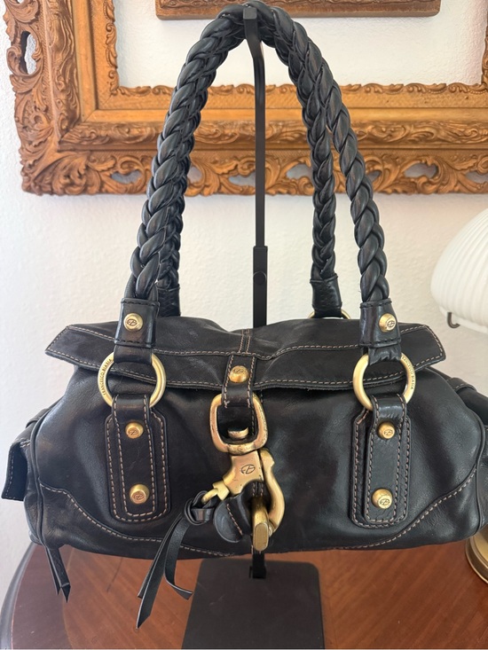 Francesco Biasia Handbags - Francesco Biasia Black Braided-Handle Leather Shoulder Bag with Brass Hardware